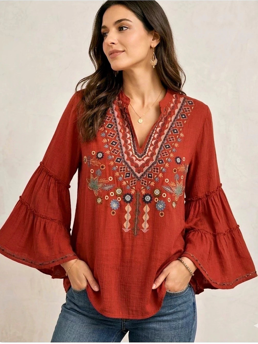 Dramatic Embroidered Bell Sleeve Tunic in Deep Fall Hues, Medium